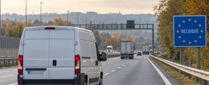 Véhicule utilitaire de flotte circulant sur une autoroute à l’entrée de la Belgique