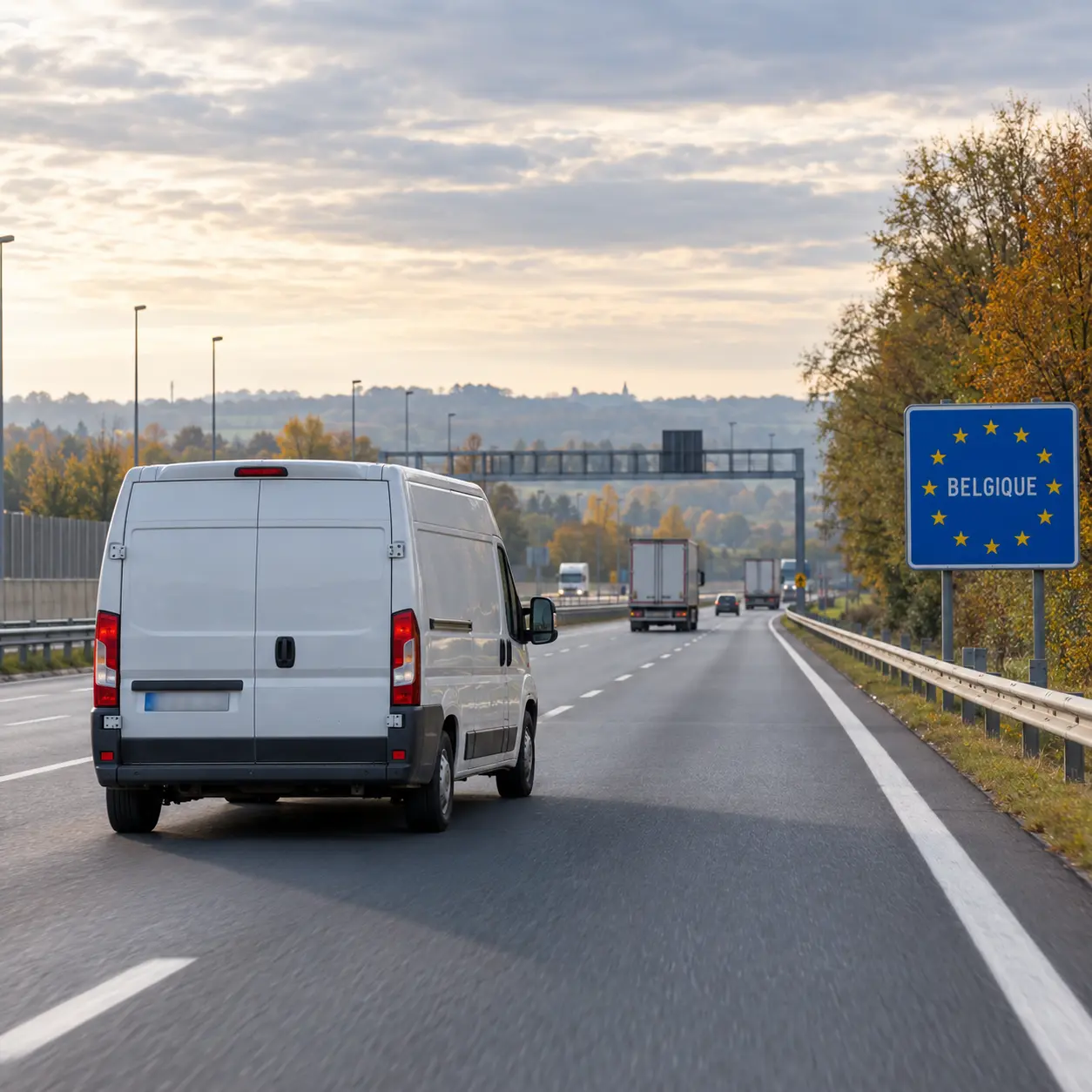 Véhicule utilitaire de flotte circulant sur une autoroute à l’entrée de la Belgique